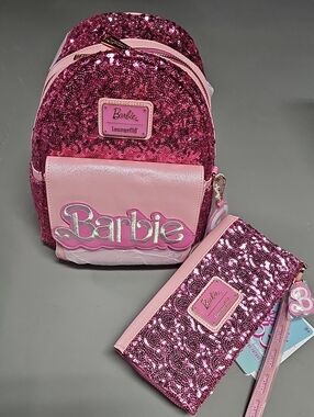 Loungefly Barbie 65th Anniversary Exclusive Sequin Logo Mini Backpack Set NWT